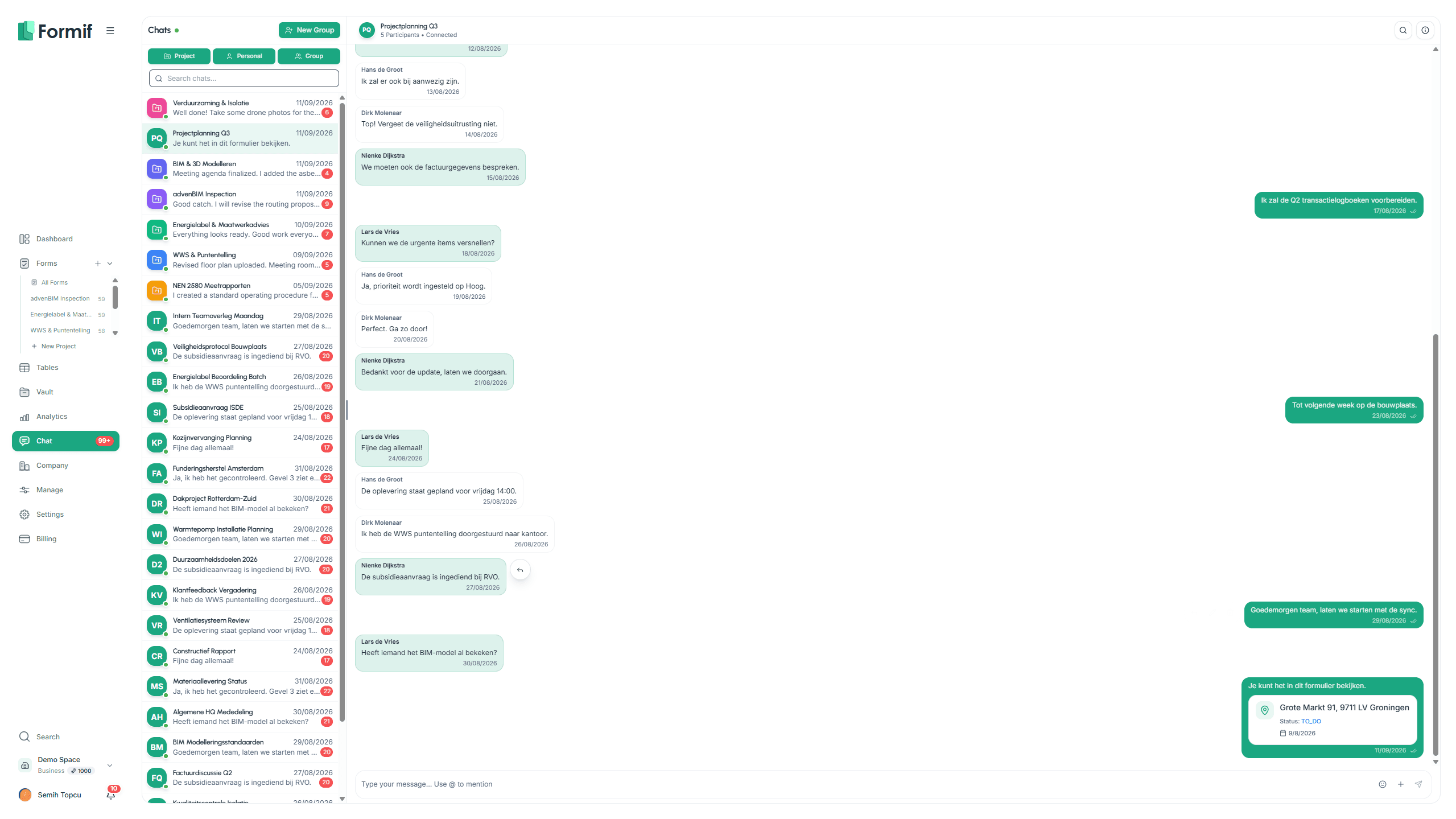 A comment thread beside a form, with a mention and an attachment