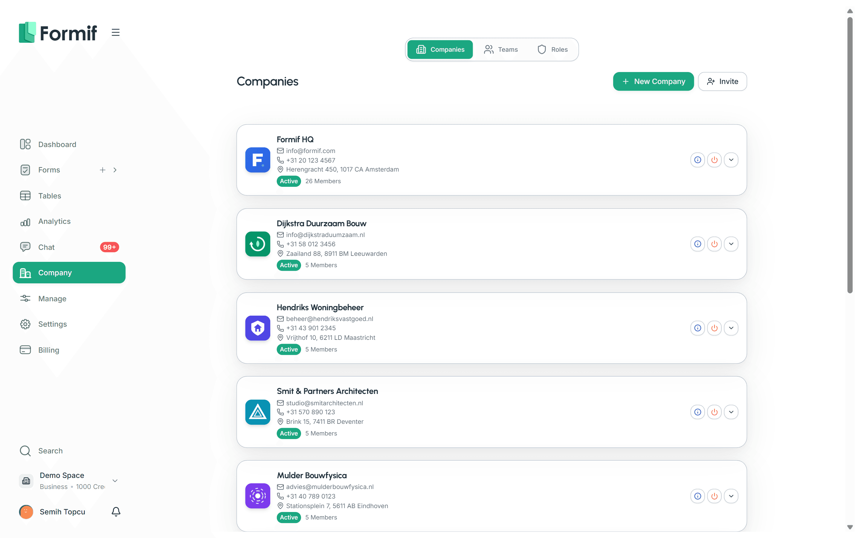The Formif companies screen, listing the branches a workspace is split into