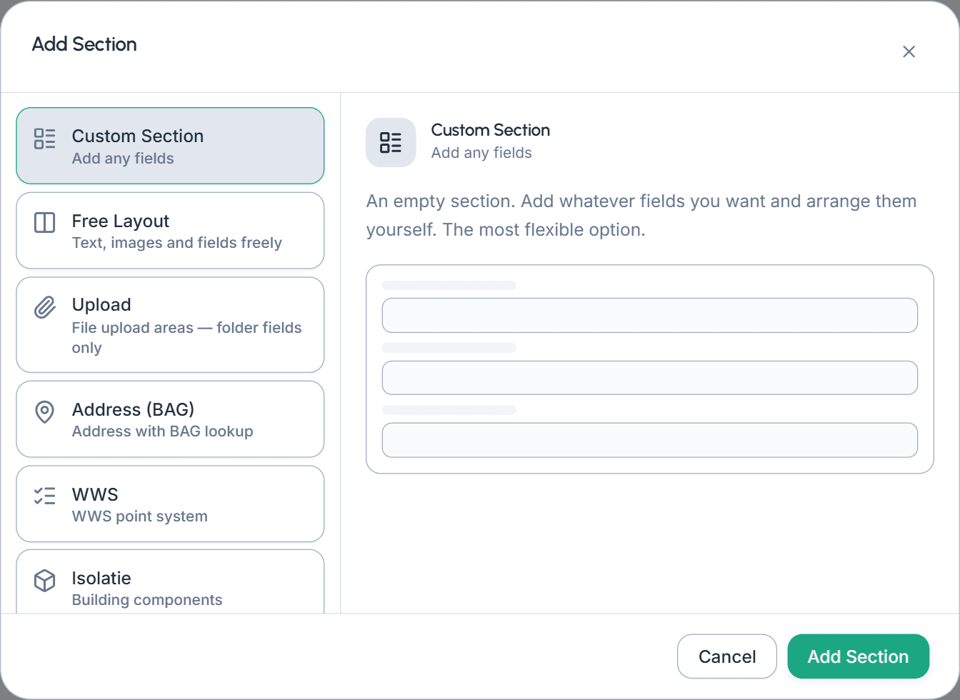 The Add Section dialog, with a wireframe preview of each section type