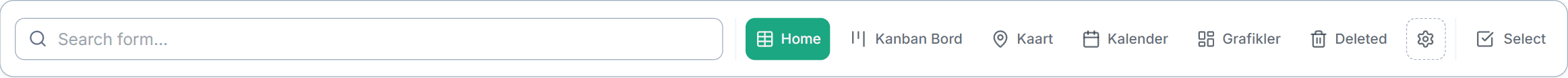 Formif tablosu ve üstünde kayıtlı görünüm şeridi: Home, Deleted, Kanban Bord, Kaart, Kalender, Tijdlijn